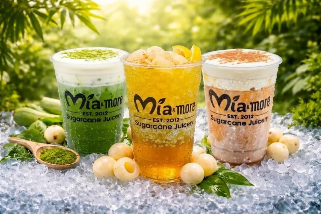 A diverse menu of fruit-infused sugarcane juice blends at Mía & More Eden